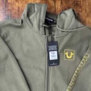 True Religion True Block Zip Hoodie Kalamata Olive Gold Foil NWT M